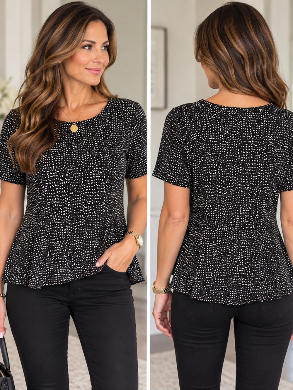 White House Black Market Black and white Print Peplum Short Sleeve Top